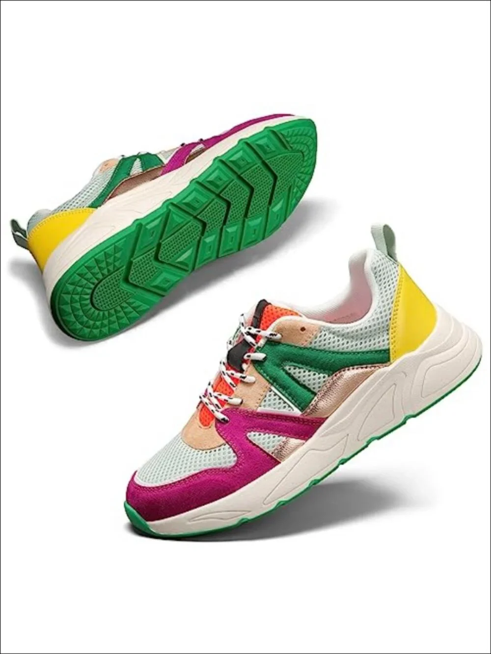 Women Platform Walking Sneakers Lace-Up Memory Foam Mesh Suede Chunky Retro